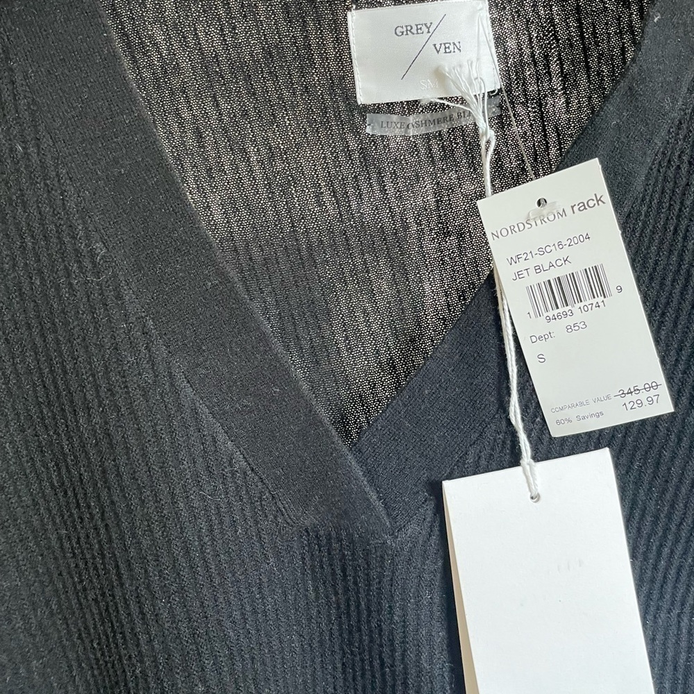 New - Grey/Ven pure cashmere v-neck sweater - Picture 7 of 8